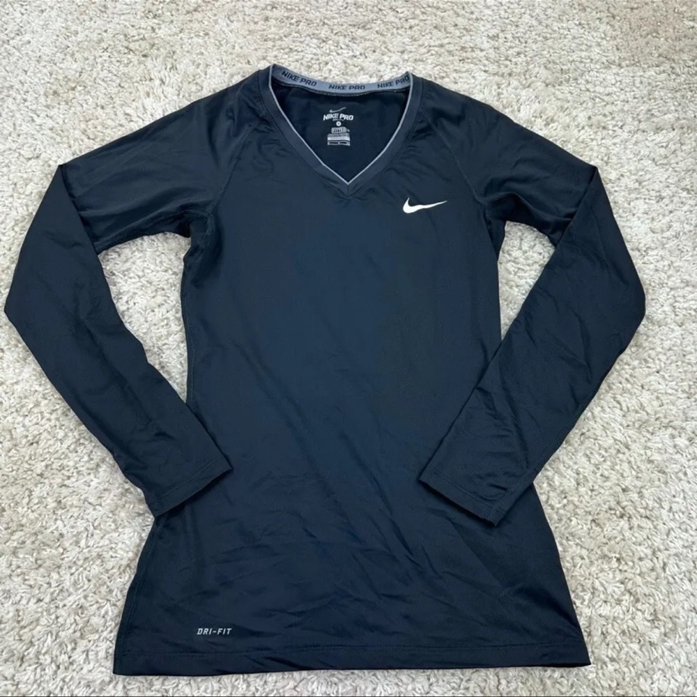 Nike Pro Dri Fit Womens Small Compression Shirt Long Sleeve Black V Neck